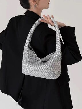 Vegan Woven Shoulder Bag — Silver